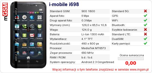 Dane telefonu i-mobile i698