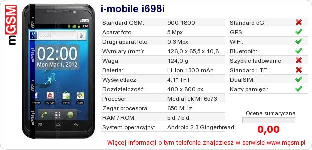 Dane telefonu i-mobile i698i