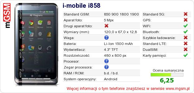 Dane telefonu i-mobile i858 Dane telefonu i-mobile i858