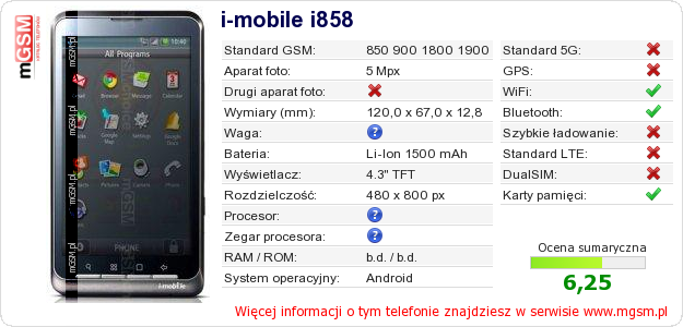 Dane telefonu i-mobile i858