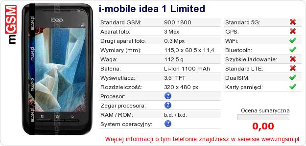 Dane telefonu i-mobile idea 1 Limited