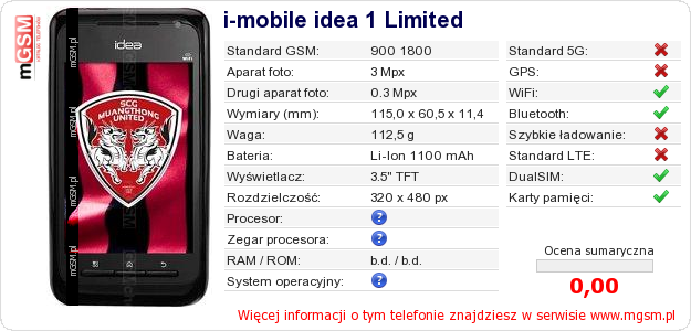 Dane telefonu i-mobile idea 1 Limited