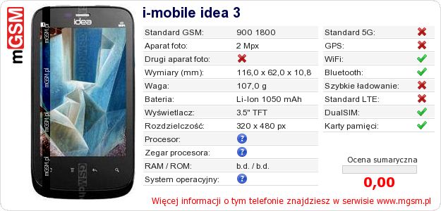 Dane telefonu i-mobile idea 3