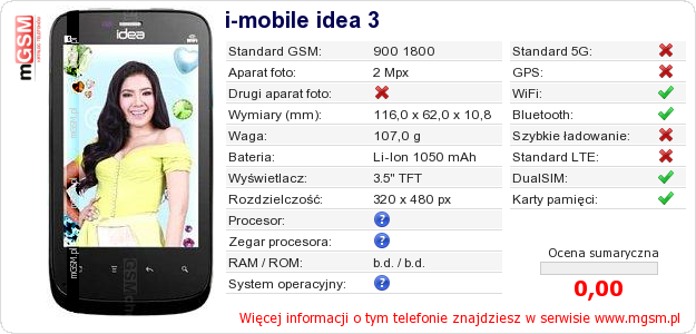 Dane telefonu i-mobile idea 3 Dane telefonu i-mobile idea 3