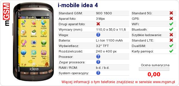 Dane telefonu i-mobile idea 4 Dane telefonu i-mobile idea 4