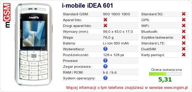 Dane telefonu i-mobile iDEA 601