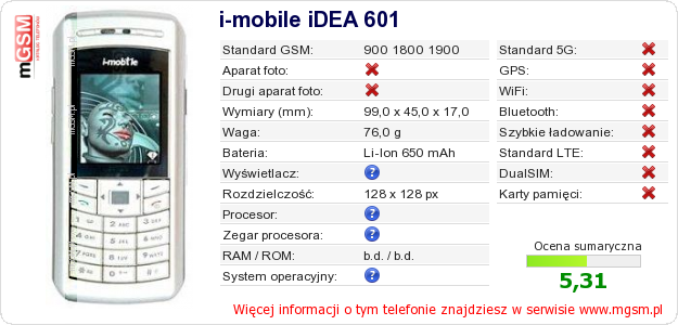 Dane telefonu i-mobile iDEA 601