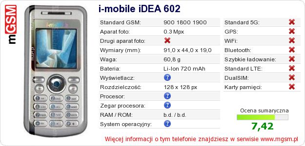 Dane telefonu i-mobile iDEA 602
