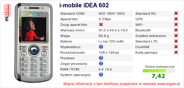 Dane telefonu i-mobile iDEA 602
