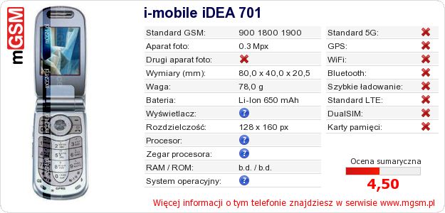 Dane telefonu i-mobile iDEA 701 Dane telefonu i-mobile iDEA 701