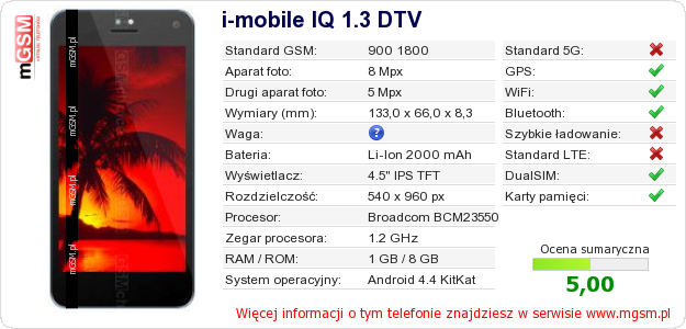Dane telefonu i-mobile IQ 1.3 DTV