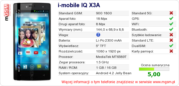 Dane telefonu i-mobile IQ X3A Dane telefonu i-mobile IQ X3A