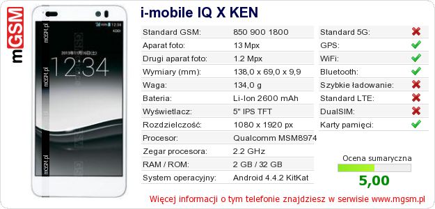 Dane telefonu i-mobile IQ X KEN
