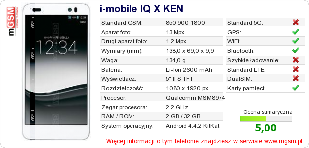 Dane telefonu i-mobile IQ X KEN Dane telefonu i-mobile IQ X KEN