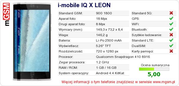 Dane telefonu i-mobile IQ X LEON Dane telefonu i-mobile IQ X LEON