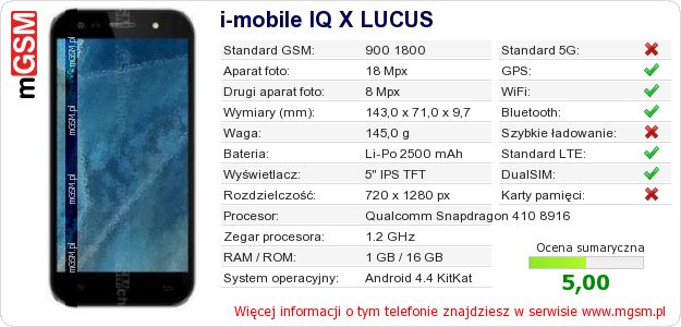 Dane telefonu i-mobile IQ X LUCUS Dane telefonu i-mobile IQ X LUCUS