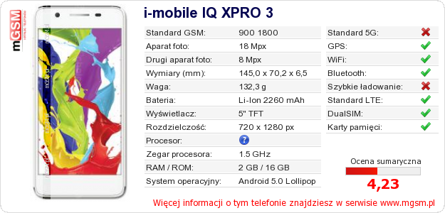 Dane telefonu i-mobile IQ XPRO 3 Dane telefonu i-mobile IQ XPRO 3