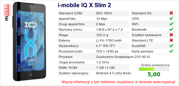 Dane telefonu i-mobile IQ X Slim 2