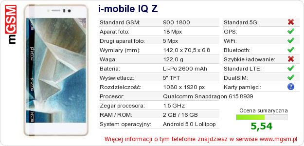Dane telefonu i-mobile IQ Z