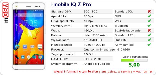 Dane telefonu i-mobile IQ Z Pro