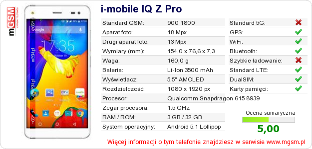 Dane telefonu i-mobile IQ Z Pro