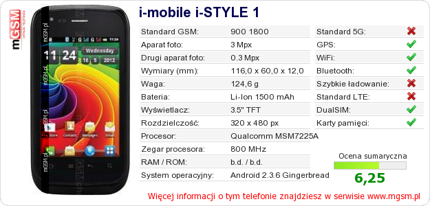 Dane telefonu i-mobile i-STYLE 1