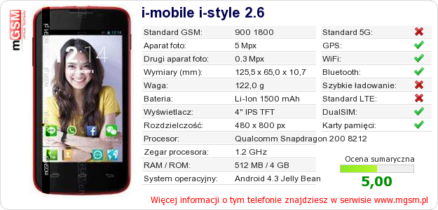 Dane telefonu i-mobile i-style 2.6
