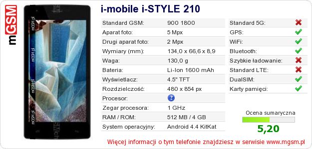 Dane telefonu i-mobile i-STYLE 210 Dane telefonu i-mobile i-STYLE 210