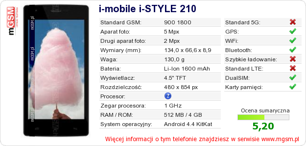 Dane telefonu i-mobile i-STYLE 210