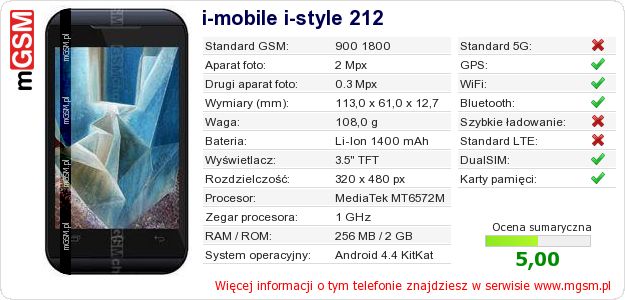 Dane telefonu i-mobile i-style 212