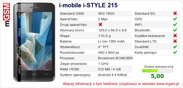 Dane telefonu i-mobile i-STYLE 215 Dane telefonu i-mobile i-STYLE 215