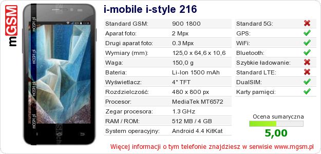 Dane telefonu i-mobile i-style 216 Dane telefonu i-mobile i-style 216
