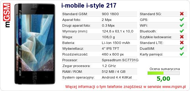 Dane telefonu i-mobile i-style 217 Dane telefonu i-mobile i-style 217