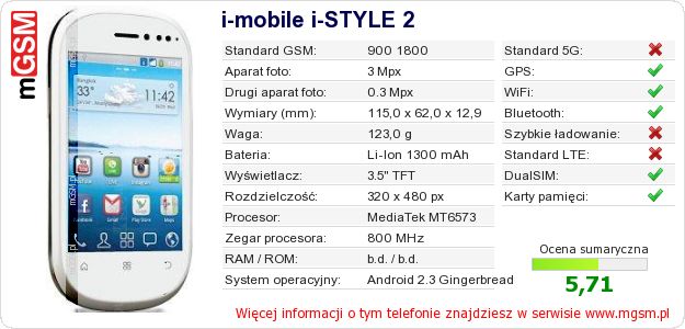 Dane telefonu i-mobile i-STYLE 2 Dane telefonu i-mobile i-STYLE 2