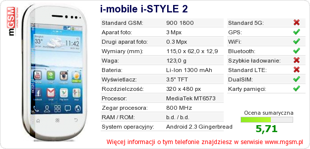 Dane telefonu i-mobile i-STYLE 2