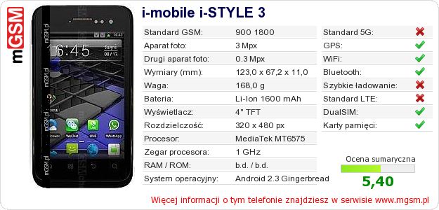 Dane telefonu i-mobile i-STYLE 3 Dane telefonu i-mobile i-STYLE 3