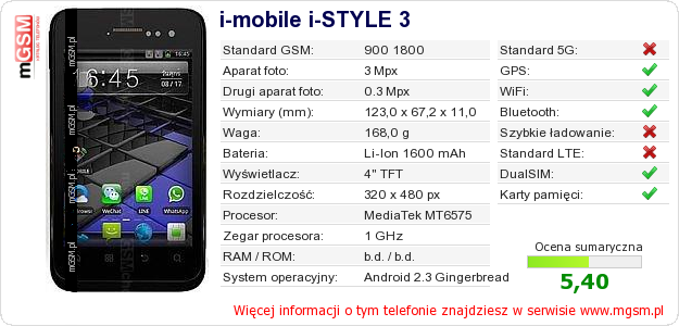 Dane telefonu i-mobile i-STYLE 3 Dane telefonu i-mobile i-STYLE 3