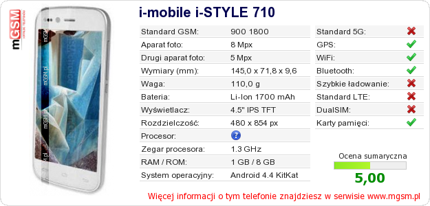 Dane telefonu i-mobile i-STYLE 710
