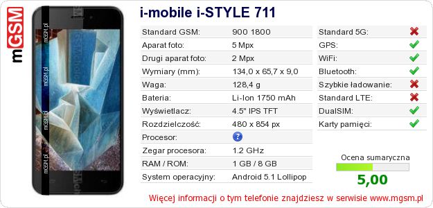 Dane telefonu i-mobile i-STYLE 711