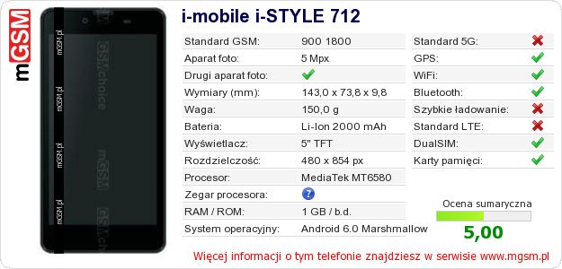 Dane telefonu i-mobile i-STYLE 712 Dane telefonu i-mobile i-STYLE 712
