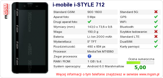 Dane telefonu i-mobile i-STYLE 712