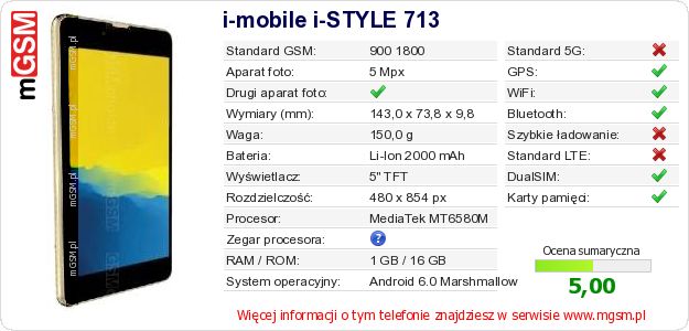 Dane telefonu i-mobile i-STYLE 713 Dane telefonu i-mobile i-STYLE 713