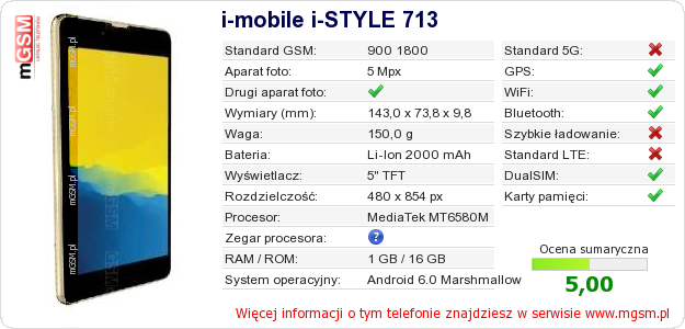 Dane telefonu i-mobile i-STYLE 713