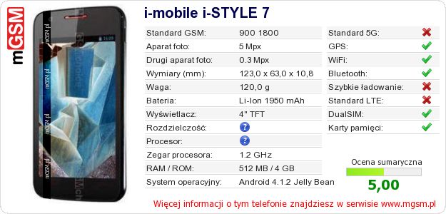 Dane telefonu i-mobile i-STYLE 7