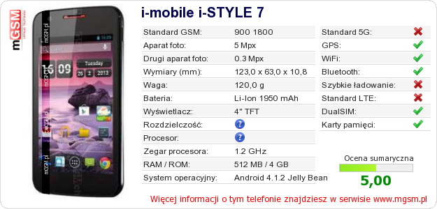 Dane telefonu i-mobile i-STYLE 7