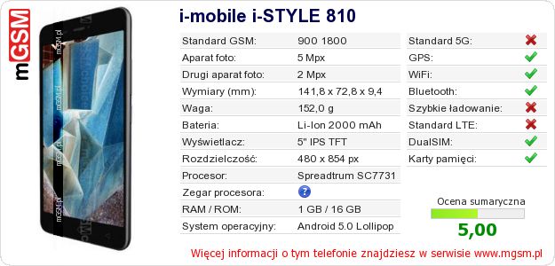 Dane telefonu i-mobile i-STYLE 810