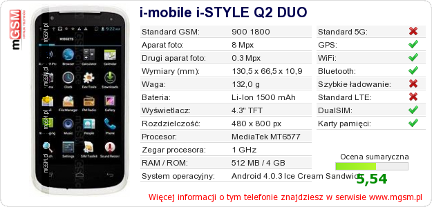 Dane telefonu i-mobile i-STYLE Q2 DUO Dane telefonu i-mobile i-STYLE Q2 DUO