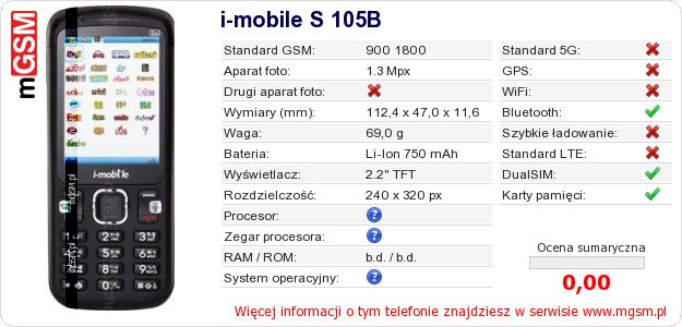 Dane telefonu i-mobile S 105B Dane telefonu i-mobile S 105B