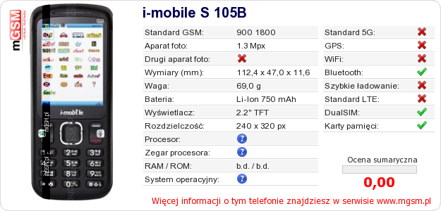 Dane telefonu i-mobile S 105B