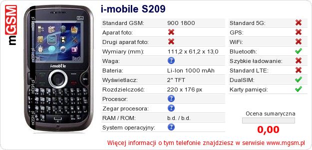 Dane telefonu i-mobile S209